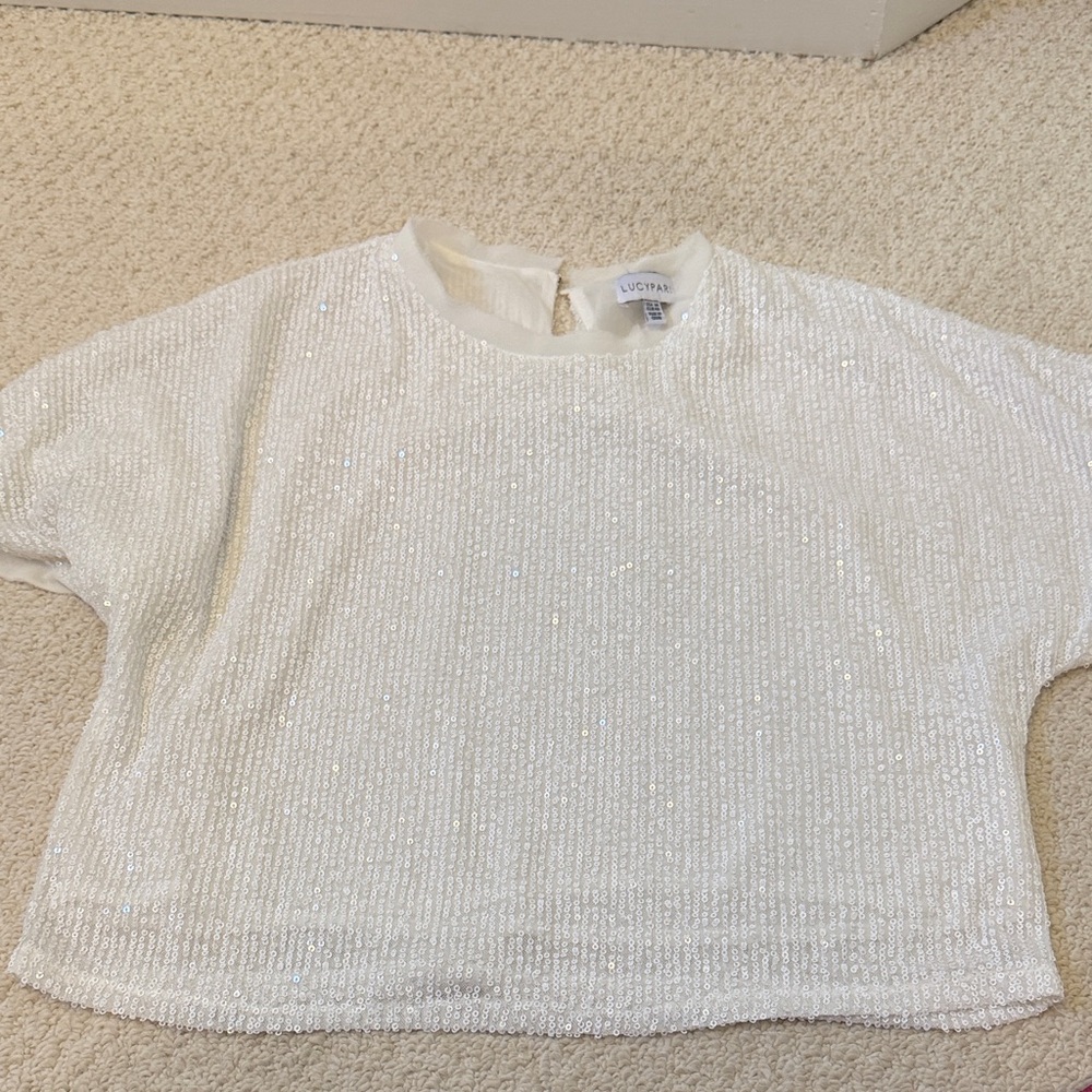 White Sequin Short Sleeve Crop Top